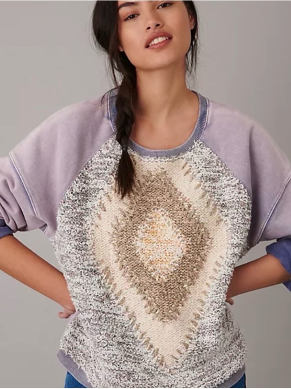 Pilcro Anabel Sweatshirt Lilac Cream Textured Diamond Knit Sweater XS Boho